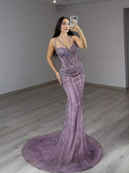 Luxury Purple Spaghetti Strap Beaded Mermaid Evening Dress LA73480