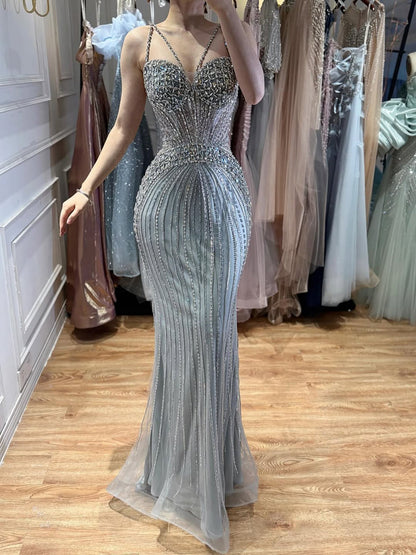 Luxury Purple Spaghetti Strap Beaded Mermaid Evening Dress LA73480