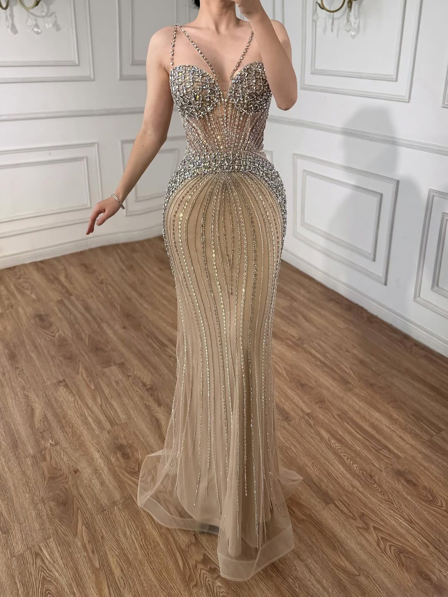 Luxury Purple Spaghetti Strap Beaded Mermaid Evening Dress LA73480
