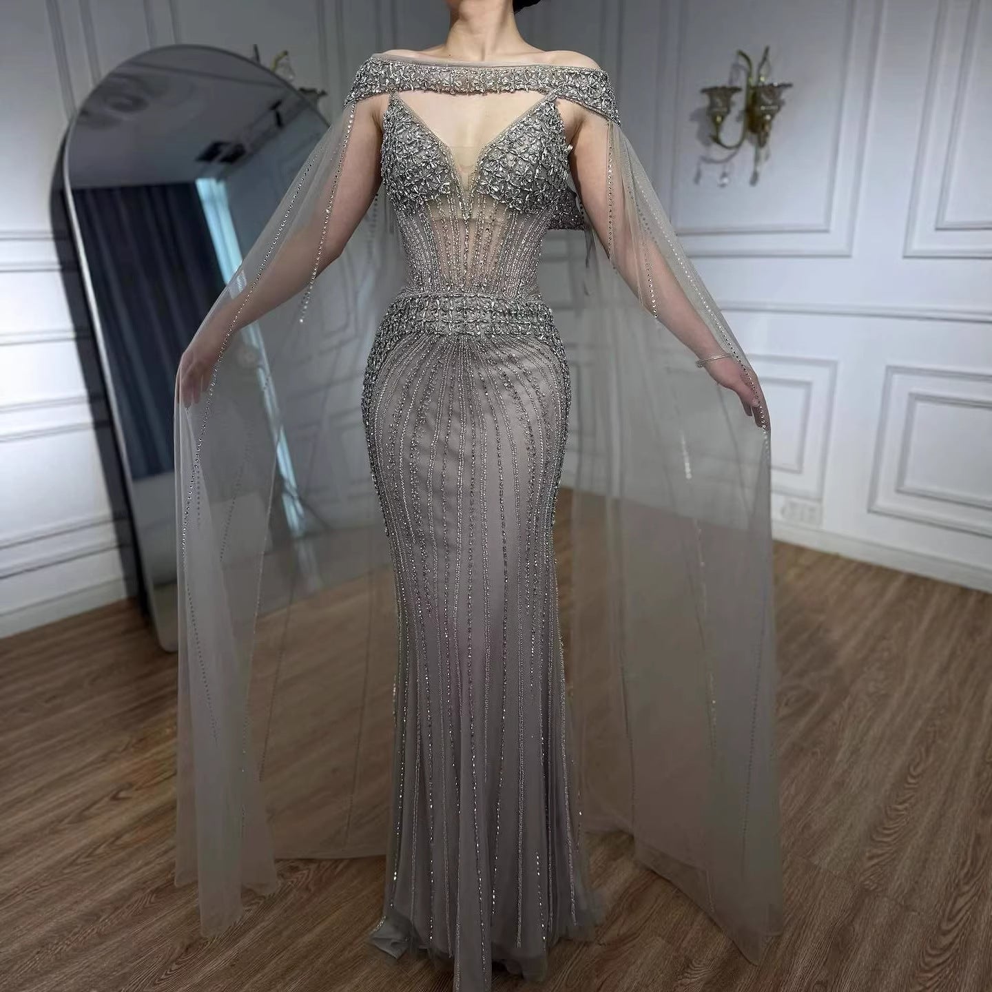 Luxury Caramel Beaded Evening Dress With Cape LA73480A