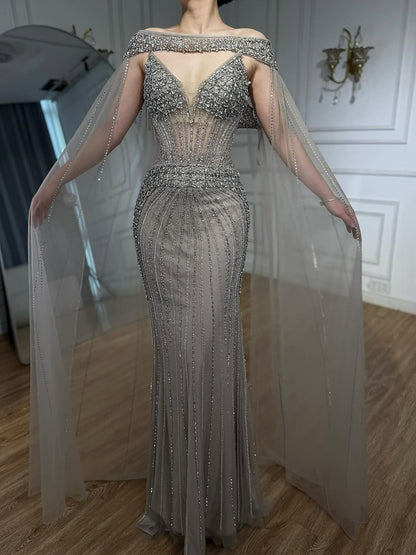 Luxury Caramel Beaded Evening Dress With Cape LA73480A