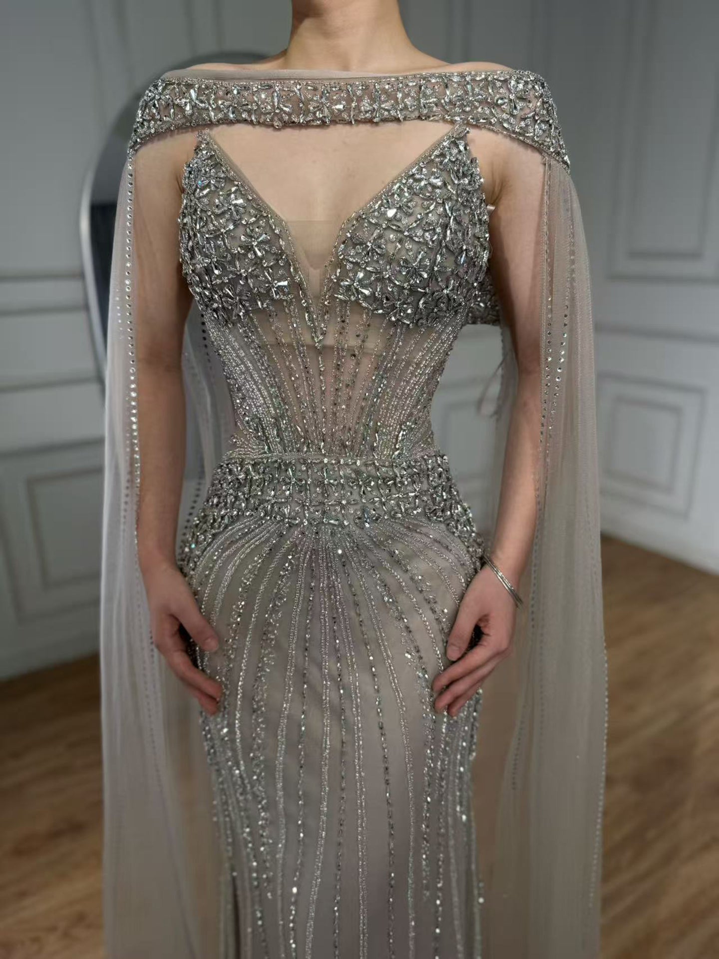 Luxury Caramel Beaded Evening Dress With Cape LA73480A