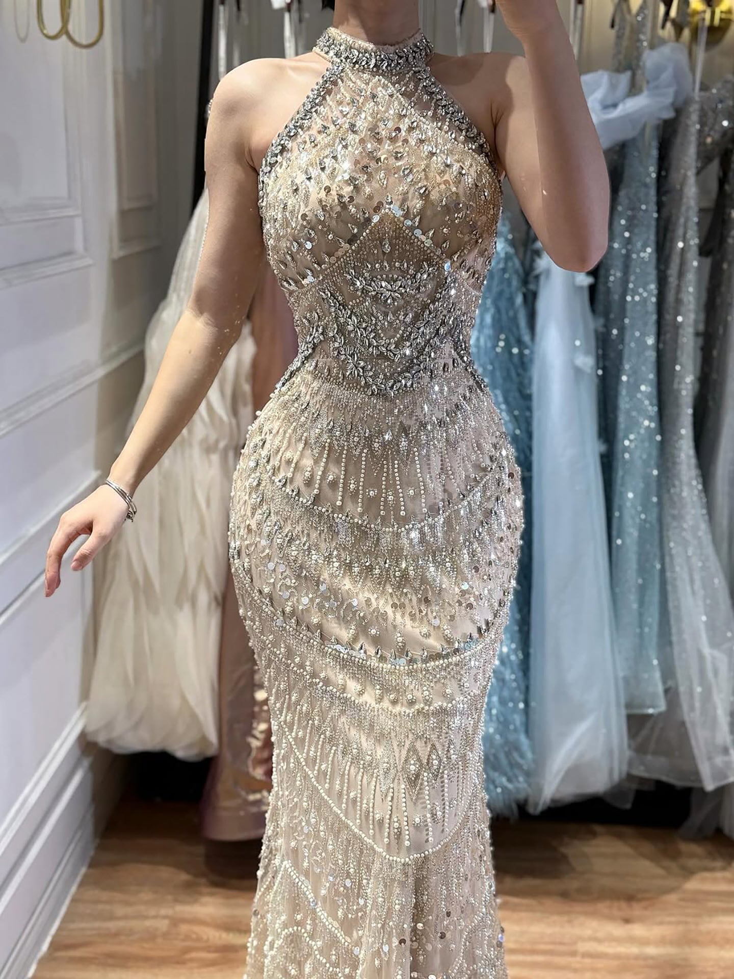 Luxury Silver Nude Beaded Elegant Mermaid Evening Dress LA73482