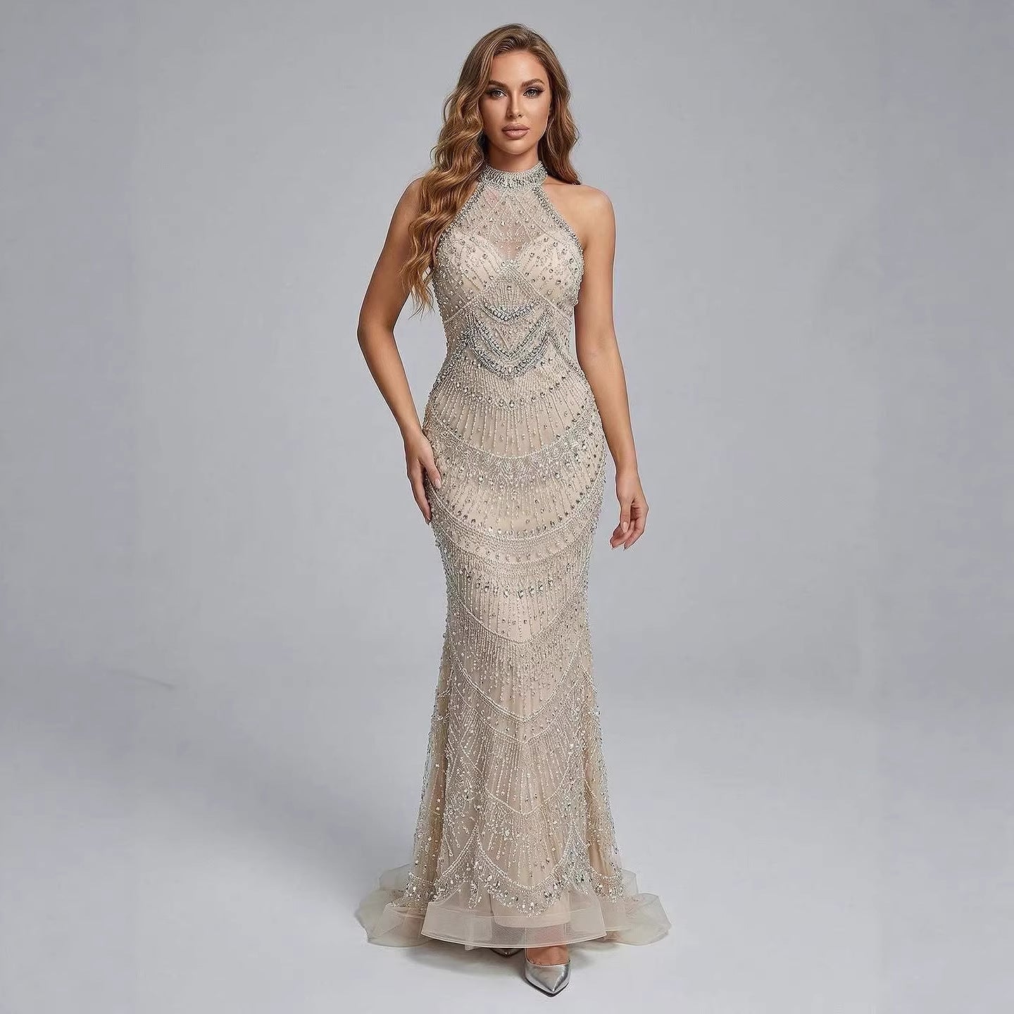 Luxury Silver Nude Beaded Elegant Mermaid Evening Dress LA73482