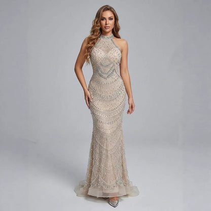 Luxury Silver Nude Beaded Elegant Mermaid Evening Dress LA73482