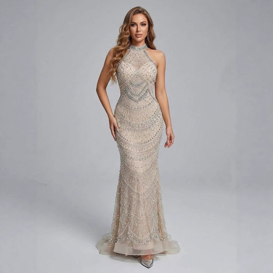 Luxury Silver Nude Beaded Elegant Mermaid Evening Dress LA73482