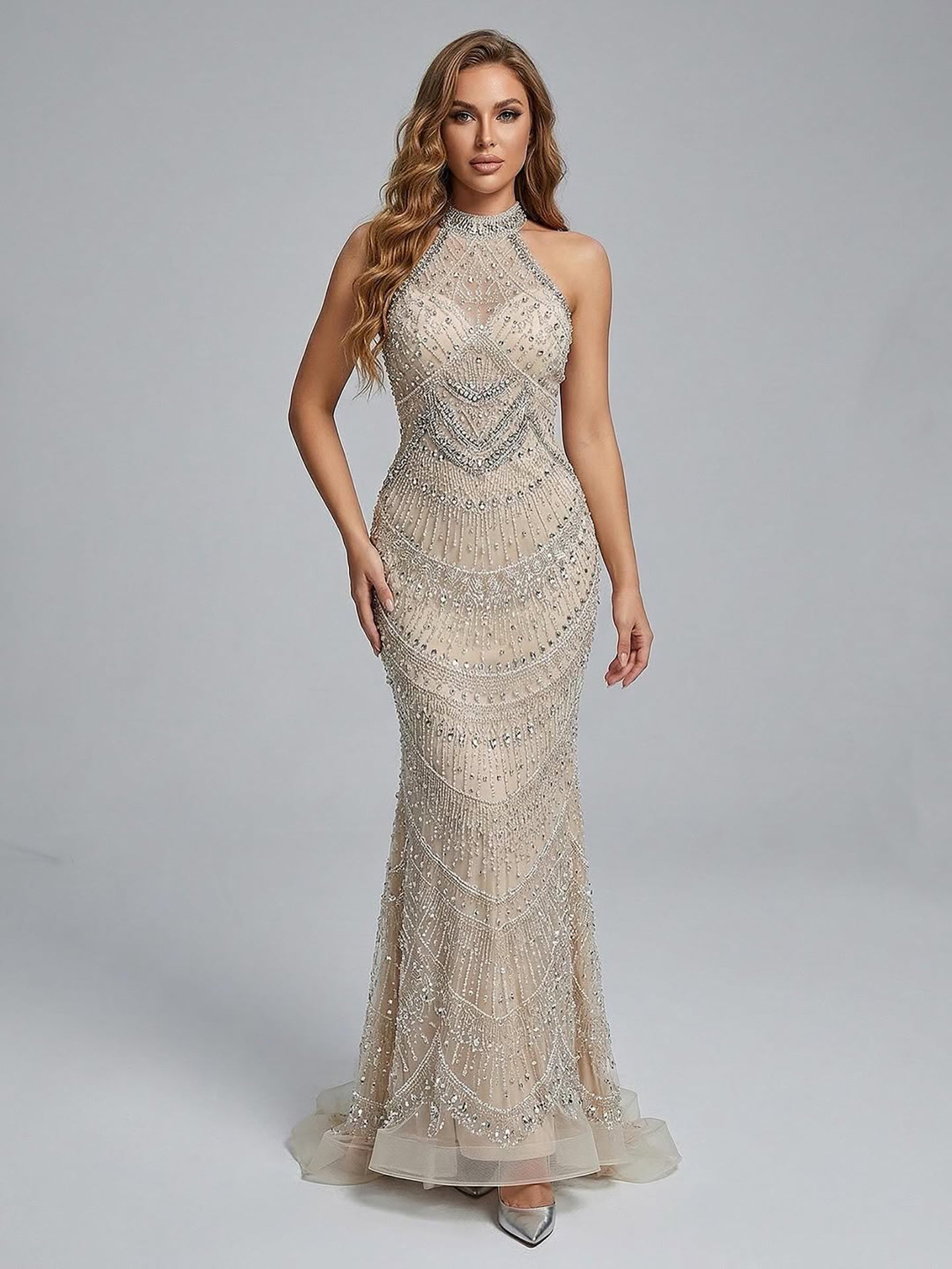 Luxury Silver Nude Beaded Elegant Mermaid Evening Dress LA73482