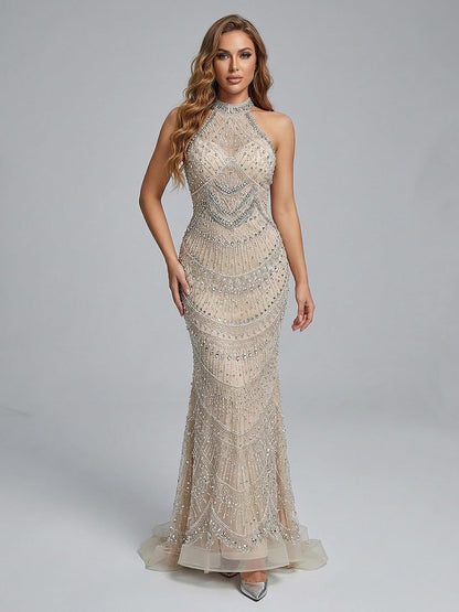 Luxury Silver Nude Beaded Elegant Mermaid Evening Dress LA73482