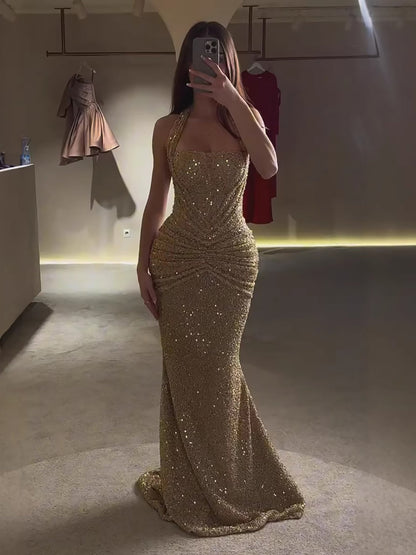 Luxury Gold Halter Beaded Mermaid Evening Dress LA73483