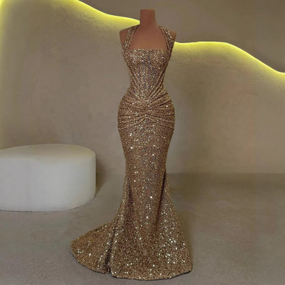 Luxury Gold Halter Beaded Mermaid Evening Dress LA73483