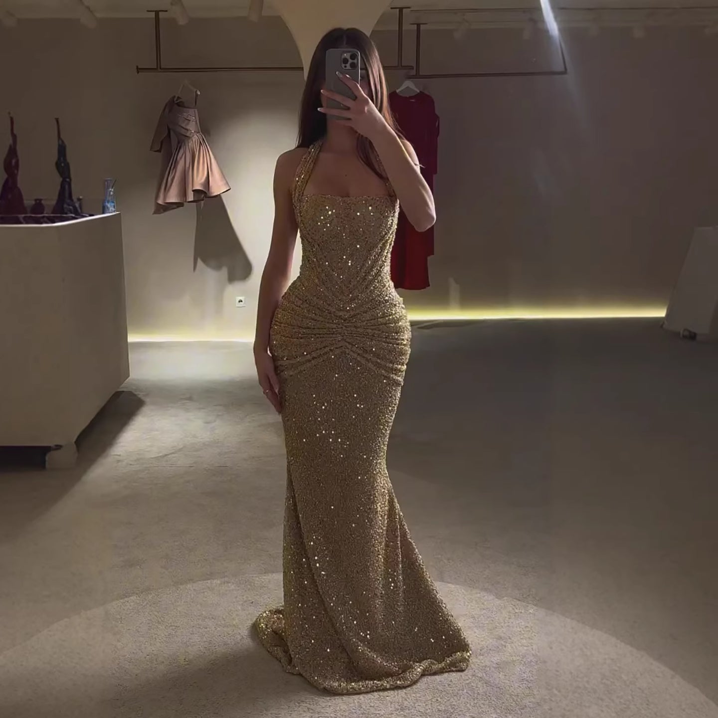 Luxury Gold Halter Beaded Mermaid Evening Dress LA73483