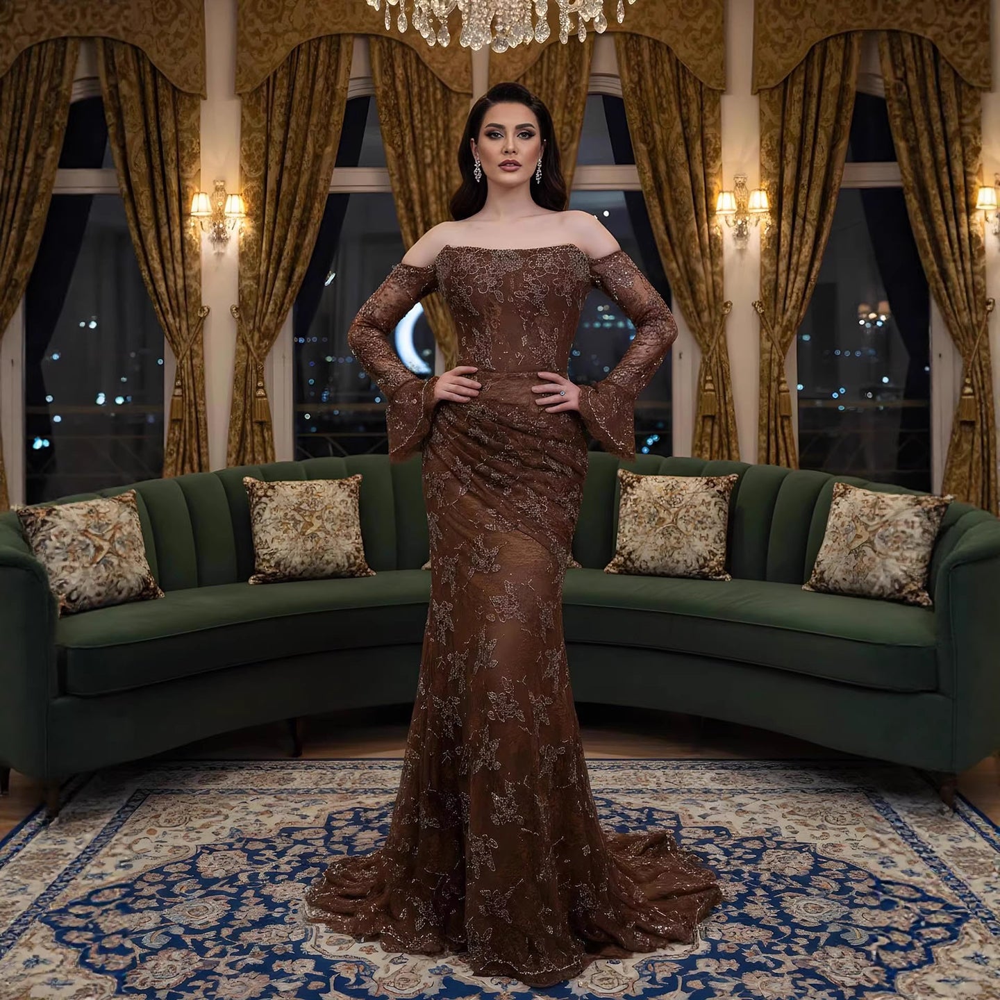فستان سهرة فاخر بتصميم حورية البحر، مصنوع من الدانتيل العربي السعودي المطرز بالخرز، رقم الموديل LA73484