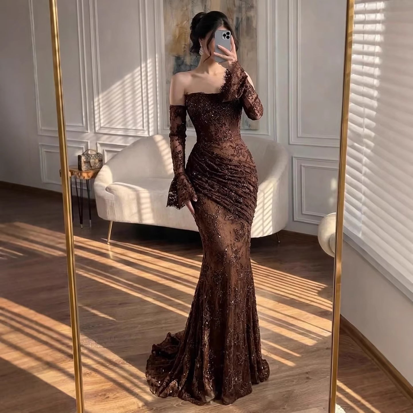 Luxury Arabic Saudi Coffee Lace Beaded Mermaid Evening Dress LA73484