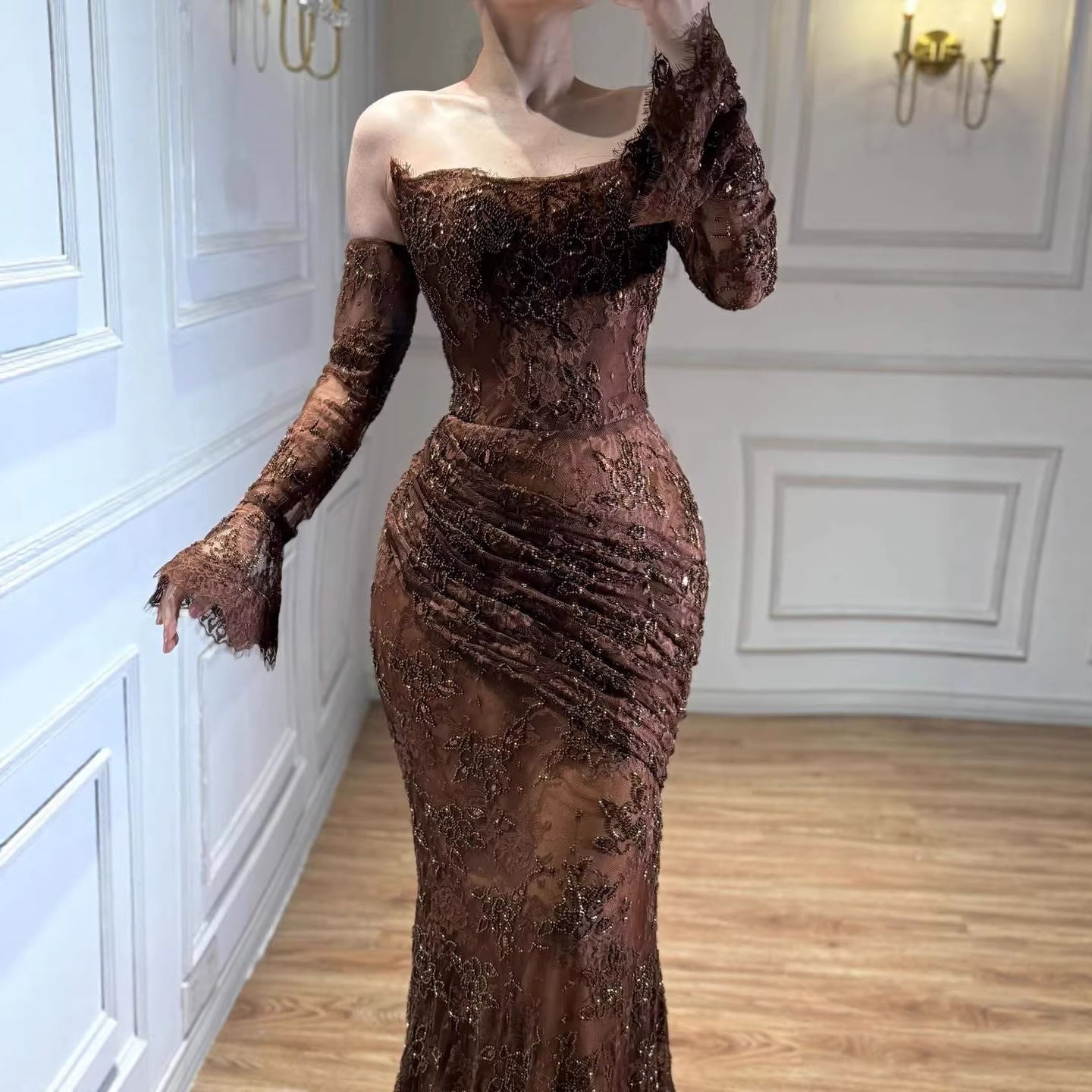 Luxury Arabic Saudi Coffee Lace Beaded Mermaid Evening Dress LA73484