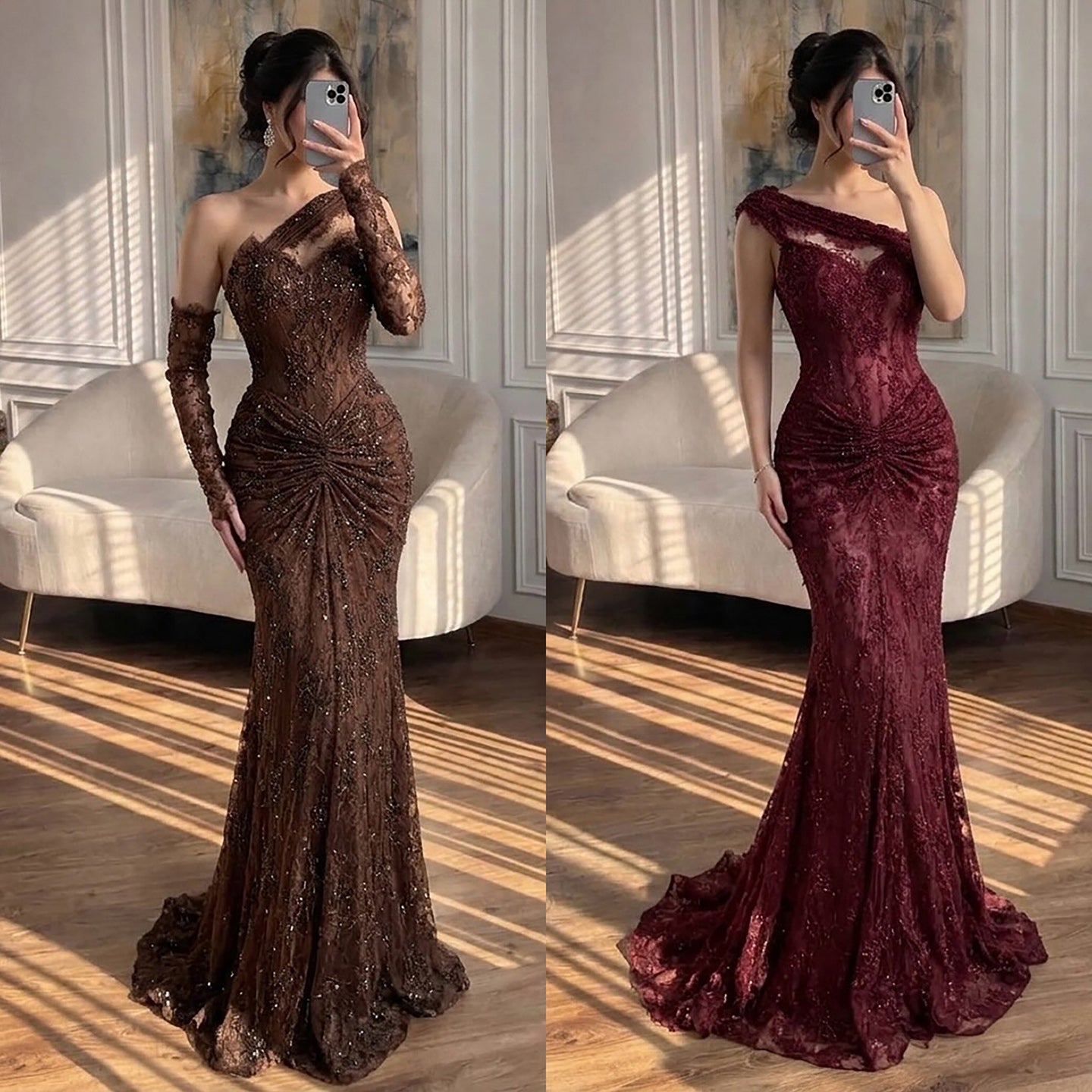 Luxury Wine Red Lace Beaded Mermaid One Shoulder Evening Dress LA73484B