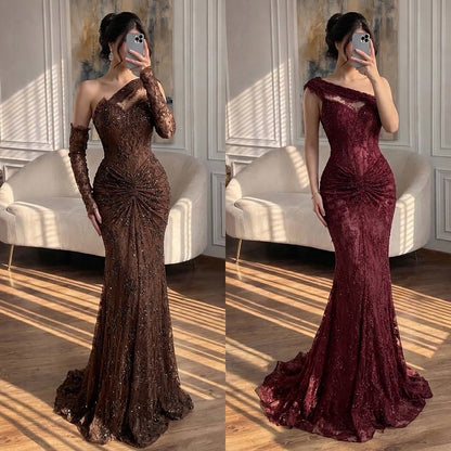 Luxury Wine Red Lace Beaded Mermaid One Shoulder Evening Dress LA73484B
