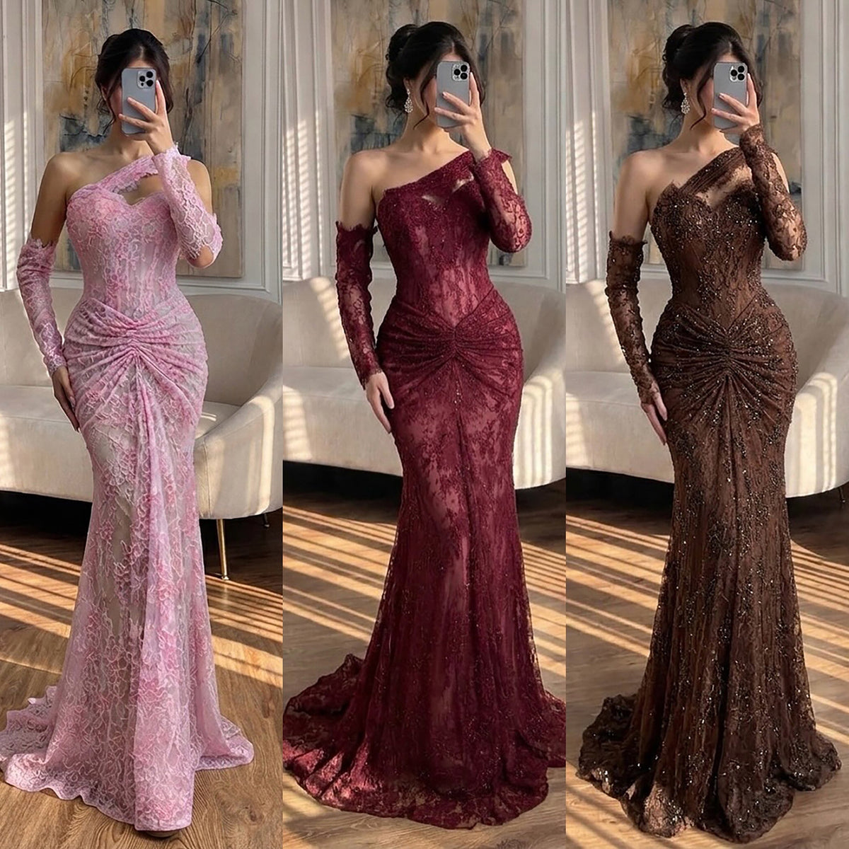 Luxury Wine Red Lace Beaded Mermaid One Shoulder Evening Dress LA73484B