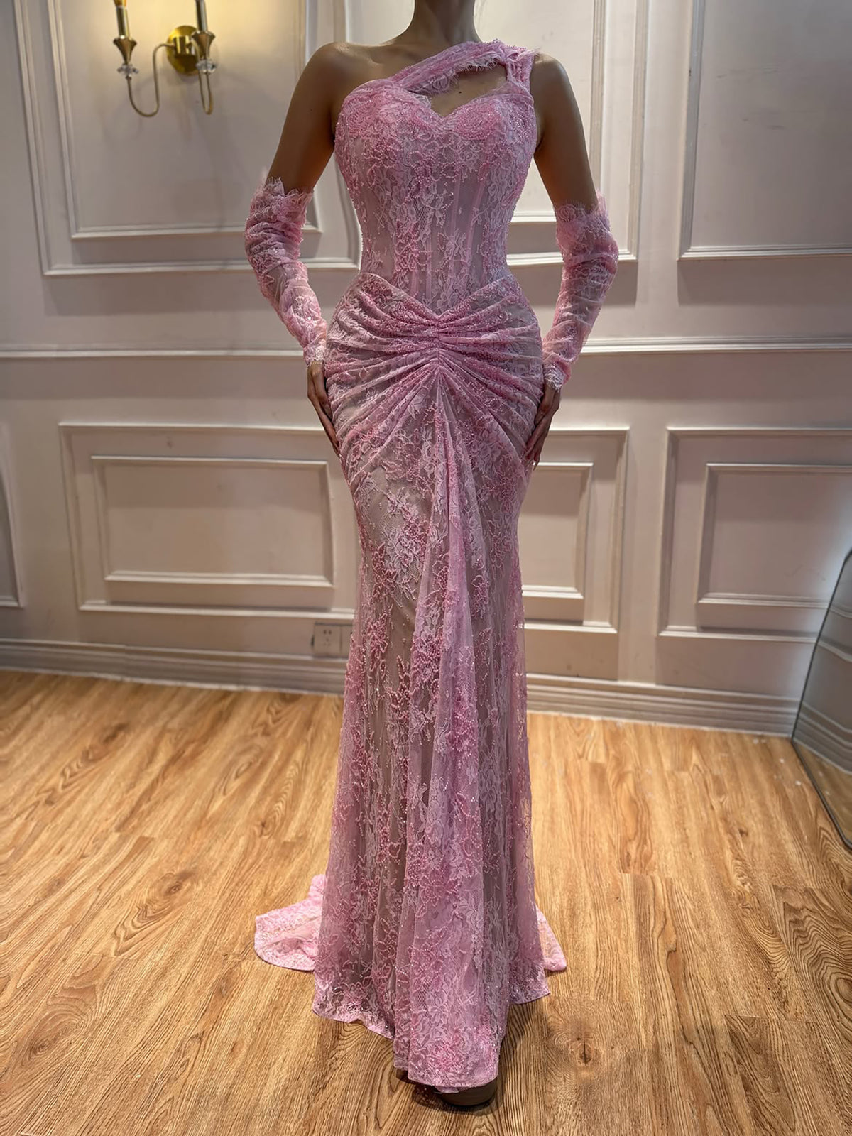 Luxury Wine Red Lace Beaded Mermaid One Shoulder Evening Dress LA73484B