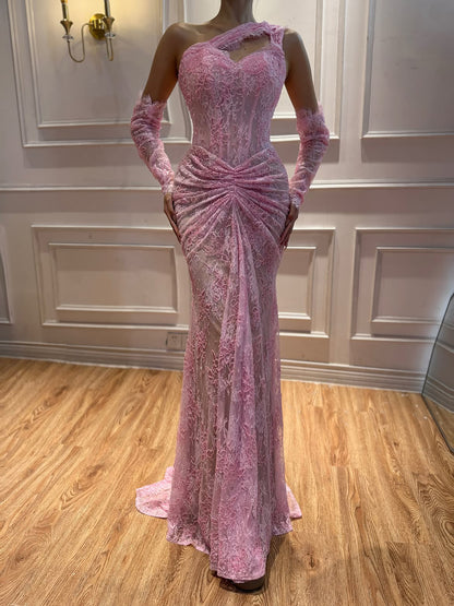 Luxury Wine Red Lace Beaded Mermaid One Shoulder Evening Dress LA73484B
