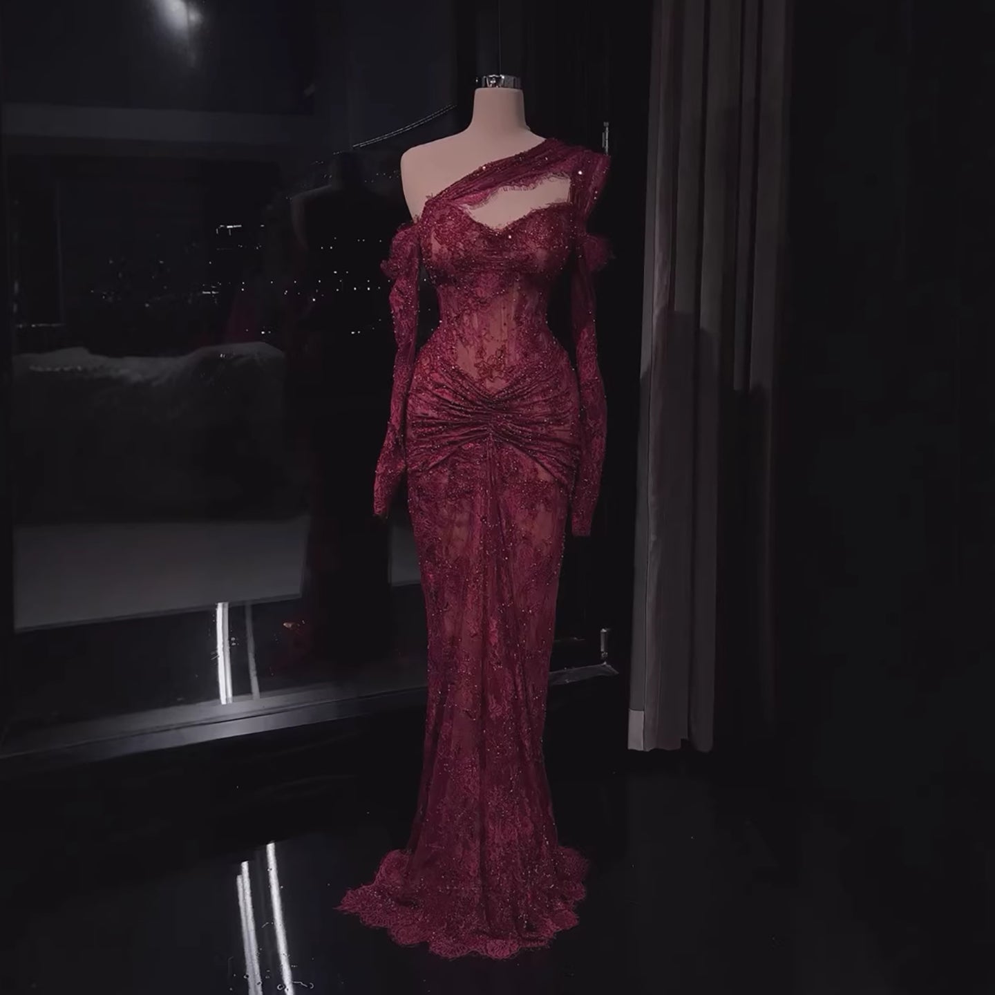 Luxury Wine Red Lace Beaded Mermaid One Shoulder Evening Dress LA73484B