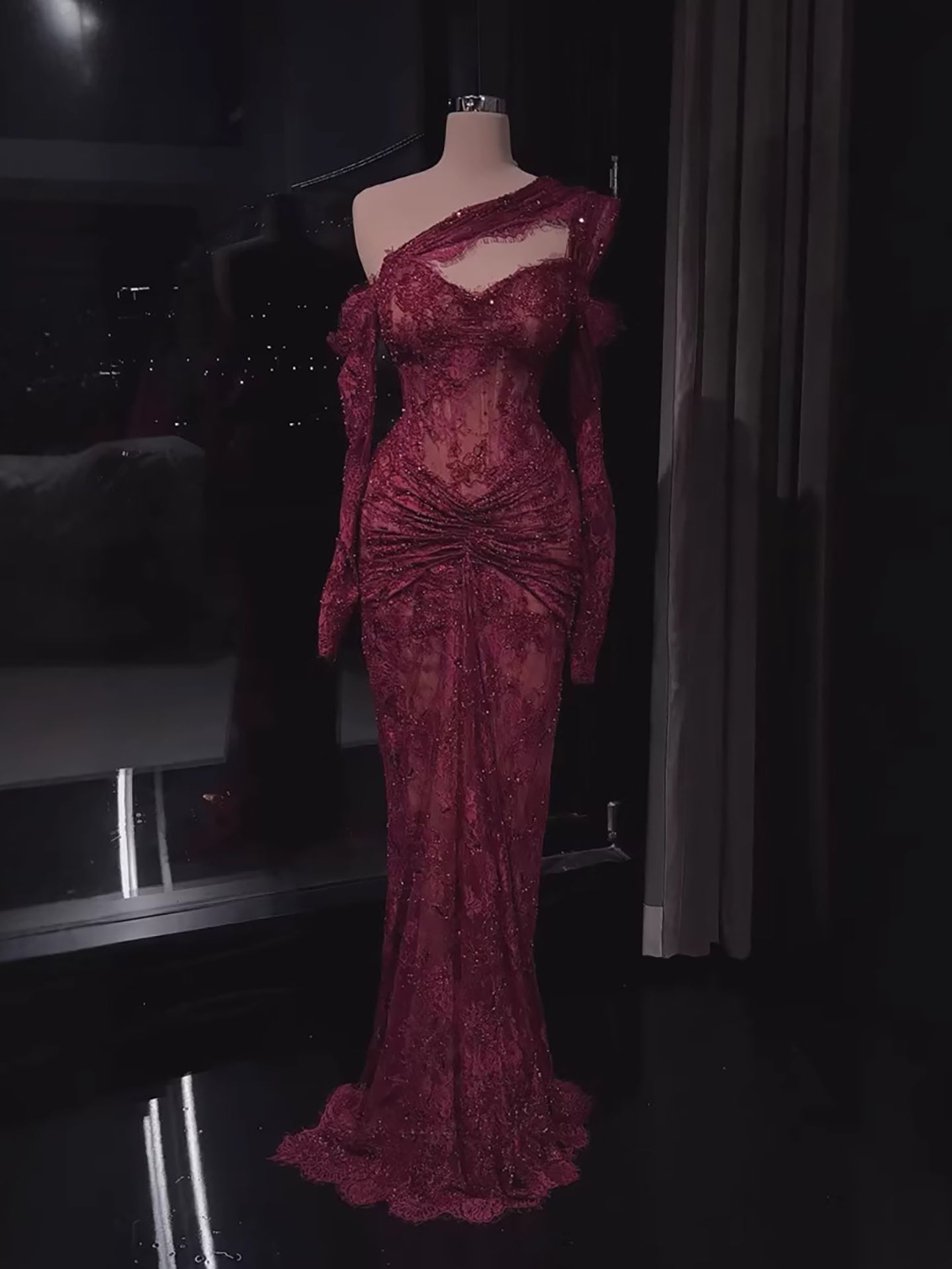 Luxury Wine Red Lace Beaded Mermaid One Shoulder Evening Dress LA73484B