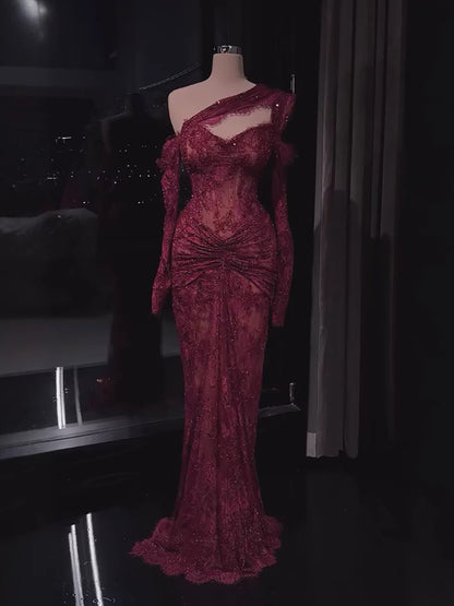 Luxury Wine Red Lace Beaded Mermaid One Shoulder Evening Dress LA73484B