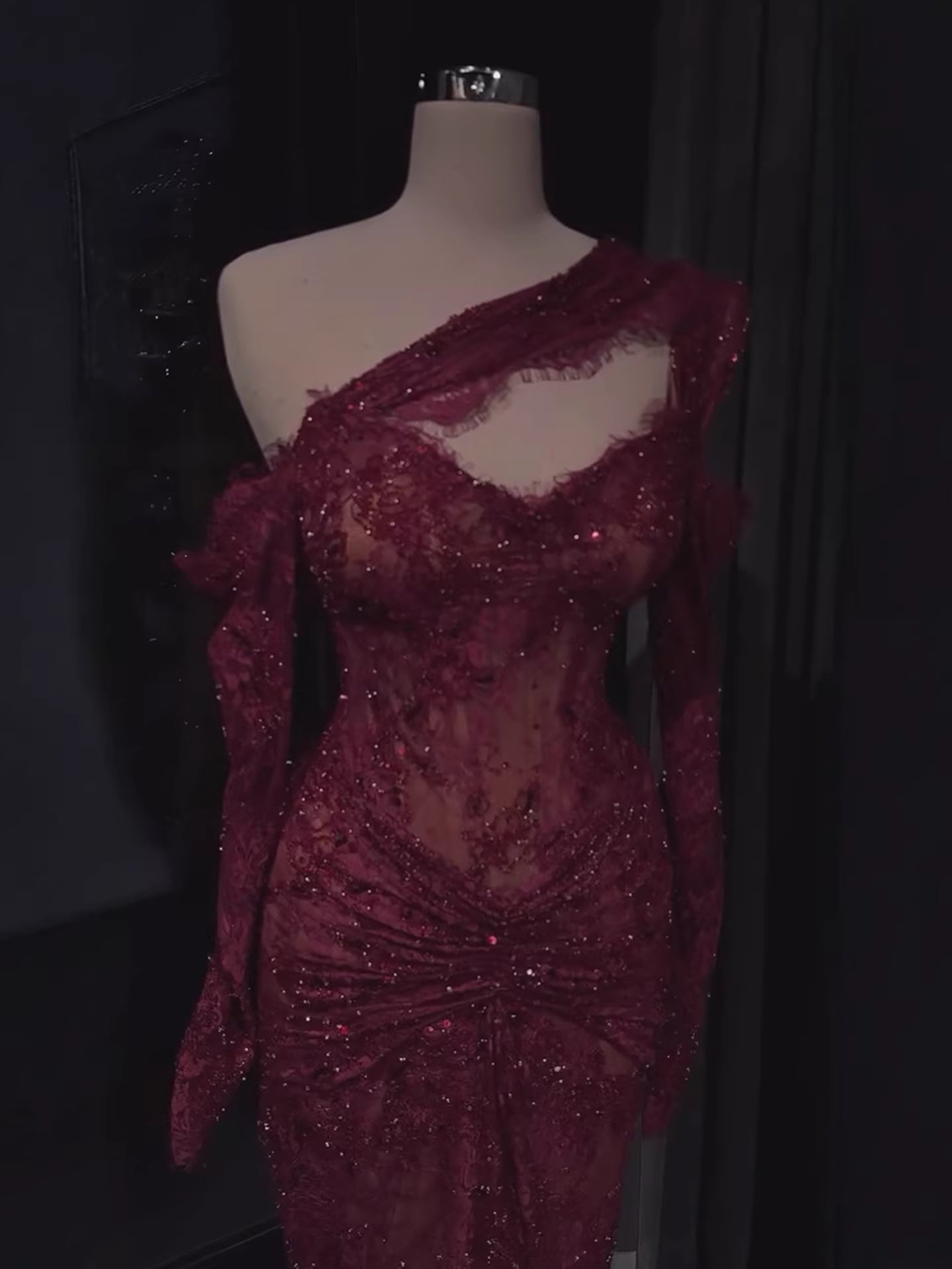Luxury Wine Red Lace Beaded Mermaid One Shoulder Evening Dress LA73484B