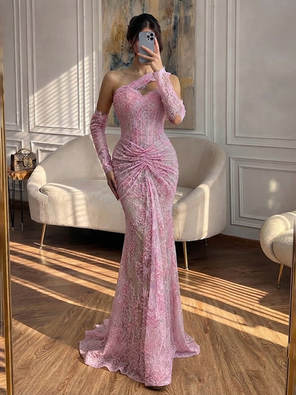 Luxury Wine Red Lace Beaded Mermaid One Shoulder Evening Dress LA73484B