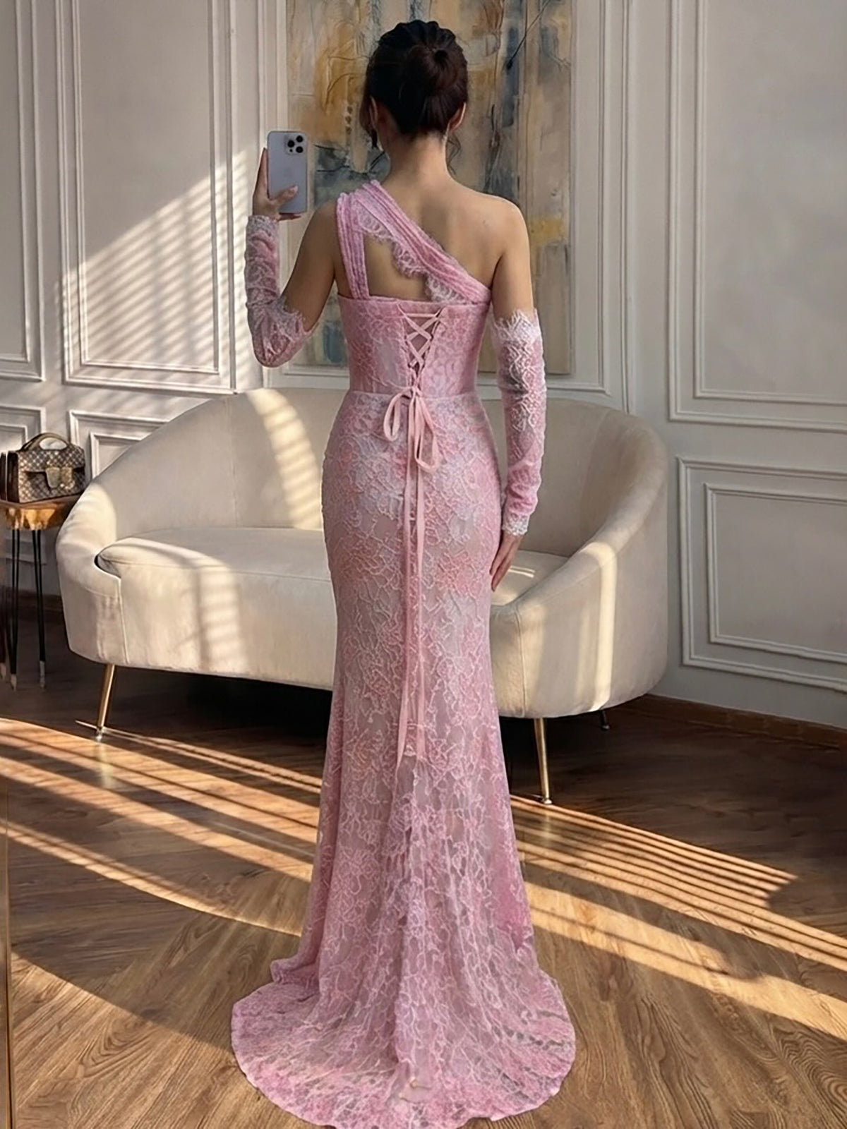 Luxury Wine Red Lace Beaded Mermaid One Shoulder Evening Dress LA73484B