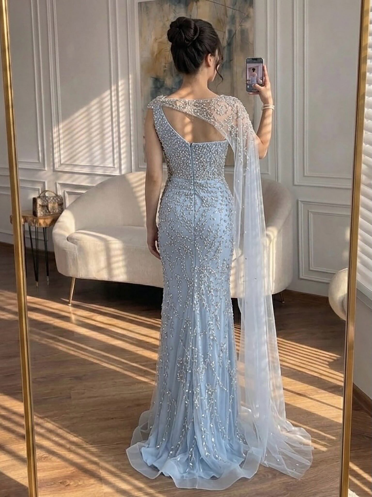 Luxury Nude Silver One Shoulder Crystal Beaded Mermaid Evening Dress With Cape LA73485
