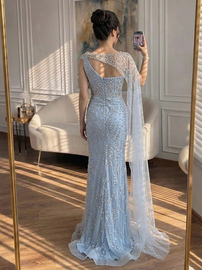 Luxury Nude Silver One Shoulder Crystal Beaded Mermaid Evening Dress With Cape LA73485