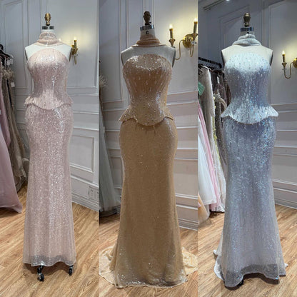 Luxury Champagne Strapless Beaded Mermaid Evening Dress With Scarf LA73488
