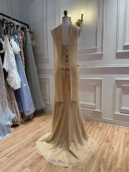 Luxury Champagne Strapless Beaded Mermaid Evening Dress With Scarf LA73488