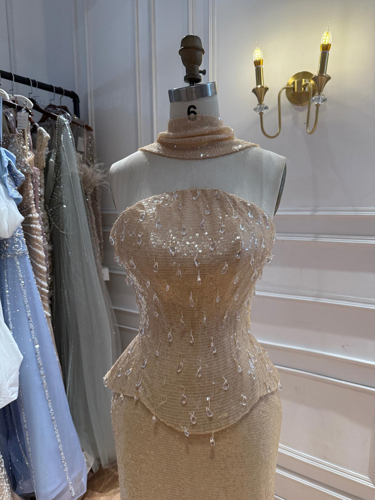 Luxury Champagne Strapless Beaded Mermaid Evening Dress With Scarf LA73488