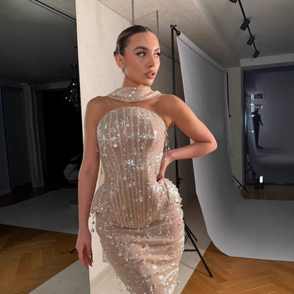 Luxury Champagne Strapless Beaded Mermaid Evening Dress With Scarf LA73488