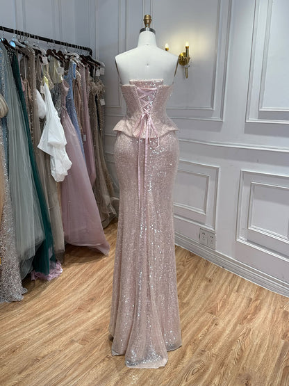 Luxury Champagne Strapless Beaded Mermaid Evening Dress With Scarf LA73488