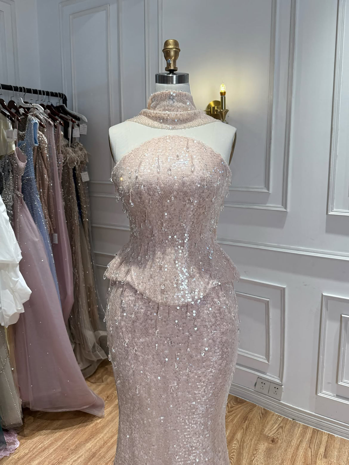 Luxury Champagne Strapless Beaded Mermaid Evening Dress With Scarf LA73488