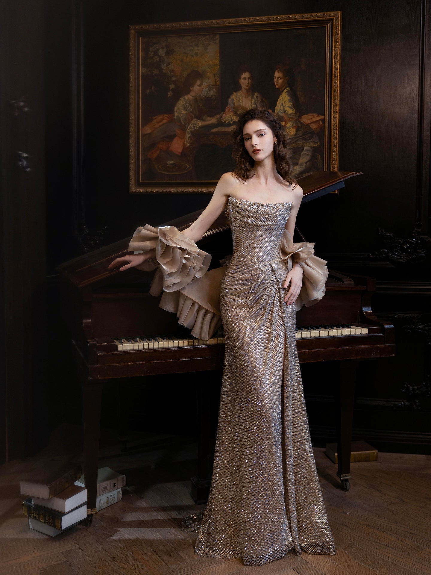 Luxury Gold Strapless Crystal Beaded Mermaid Evening Dress With Cape LA73489