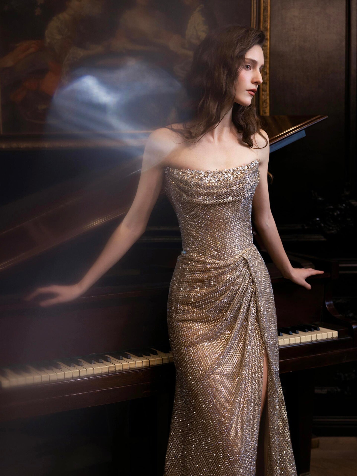 Luxury Gold Strapless Crystal Beaded Mermaid Evening Dress With Cape LA73489