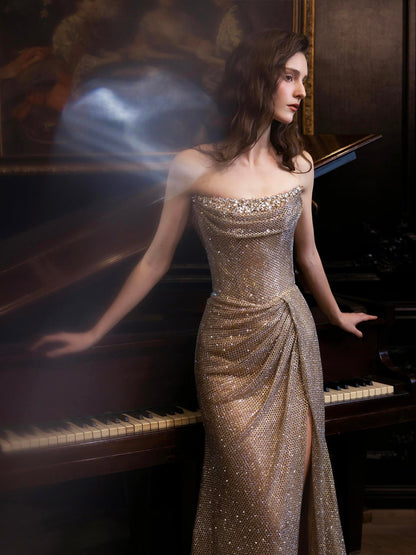 Luxury Gold Strapless Crystal Beaded Mermaid Evening Dress With Cape LA73489