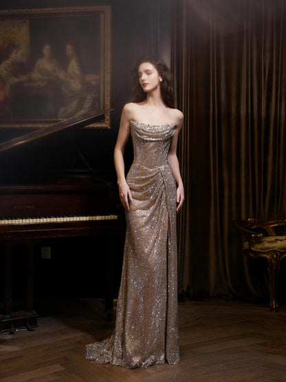 Luxury Gold Strapless Crystal Beaded Mermaid Evening Dress With Cape LA73489