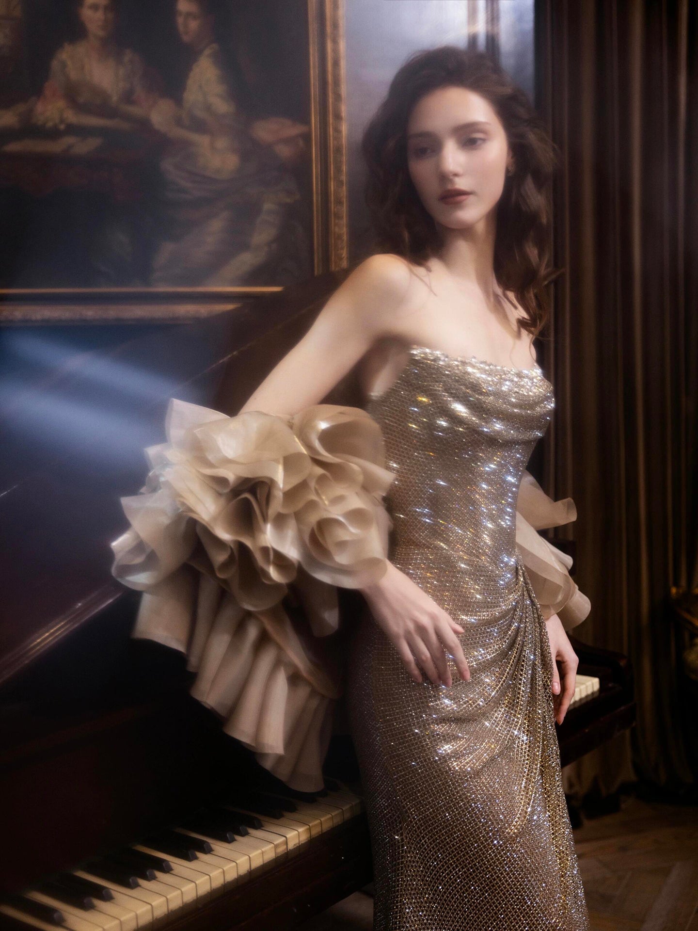 Luxury Gold Strapless Crystal Beaded Mermaid Evening Dress With Cape LA73489