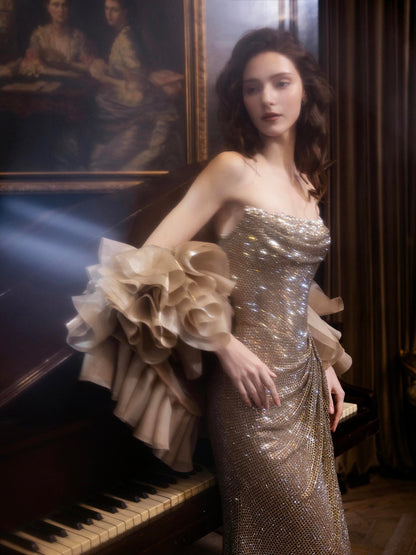 Luxury Gold Strapless Crystal Beaded Mermaid Evening Dress With Cape LA73489