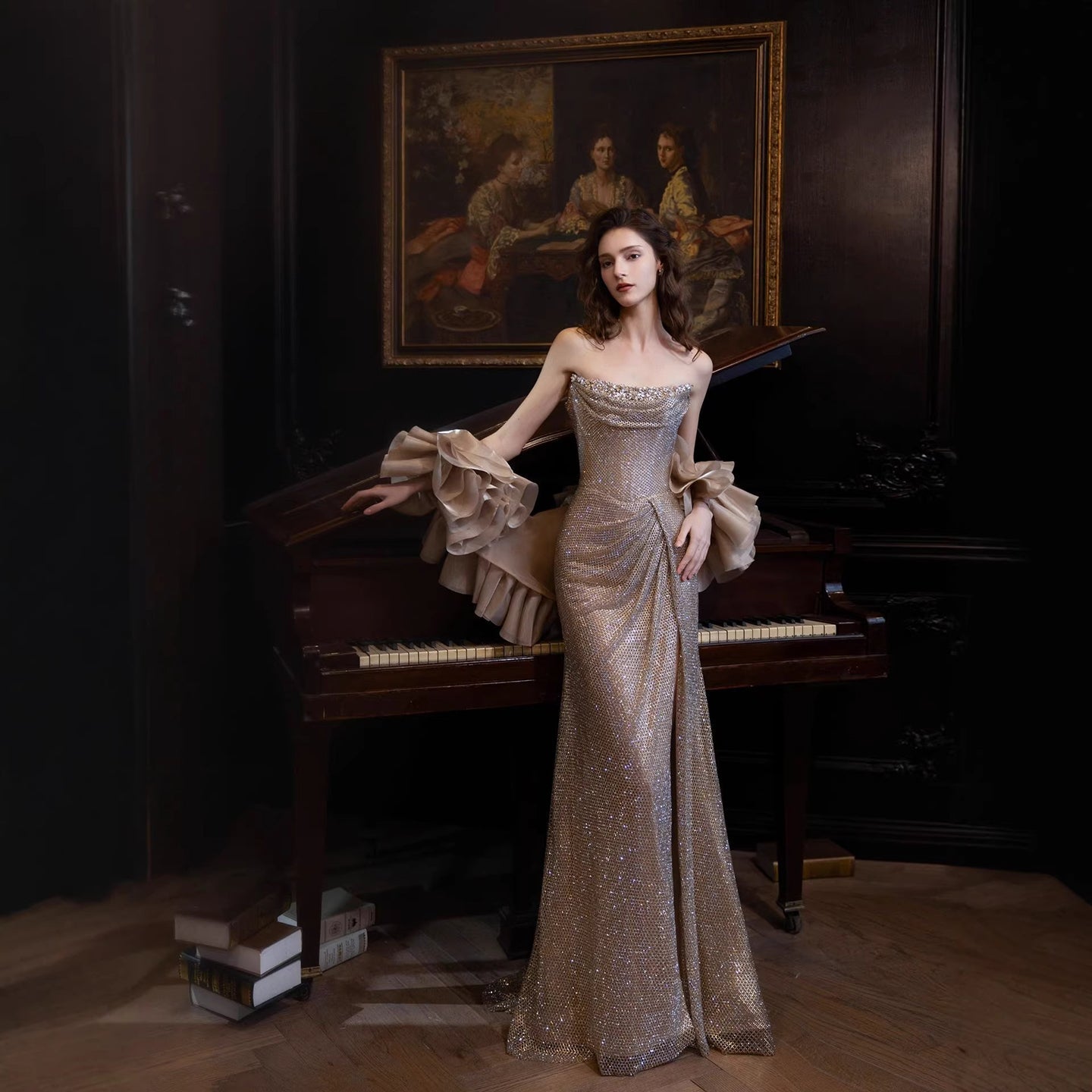 Luxury Gold Strapless Crystal Beaded Mermaid Evening Dress With Cape LA73489