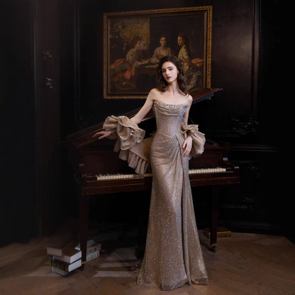 Luxury Gold Strapless Crystal Beaded Mermaid Evening Dress With Cape LA73489