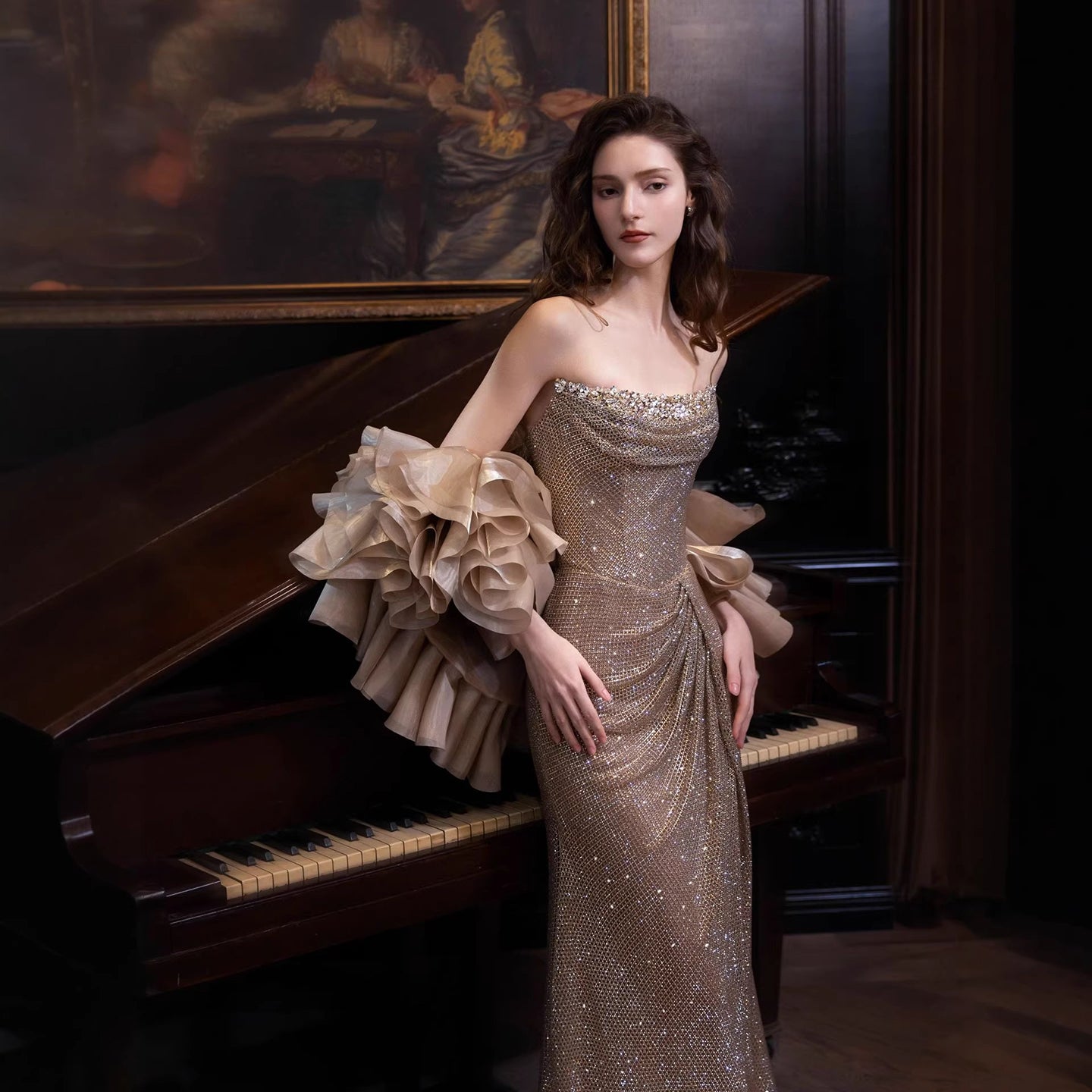 Luxury Gold Strapless Crystal Beaded Mermaid Evening Dress With Cape LA73489