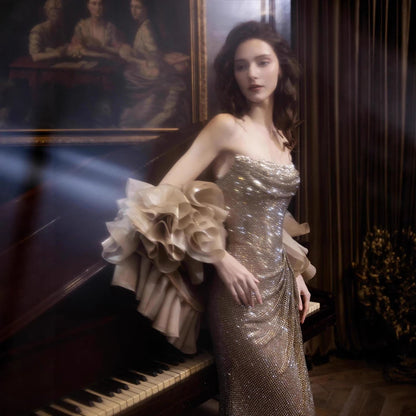 Luxury Gold Strapless Crystal Beaded Mermaid Evening Dress With Cape LA73489