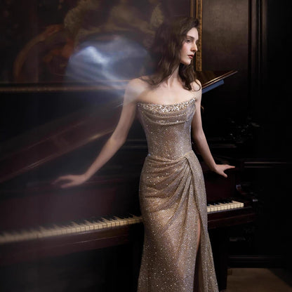 Luxury Gold Strapless Crystal Beaded Mermaid Evening Dress With Cape LA73489