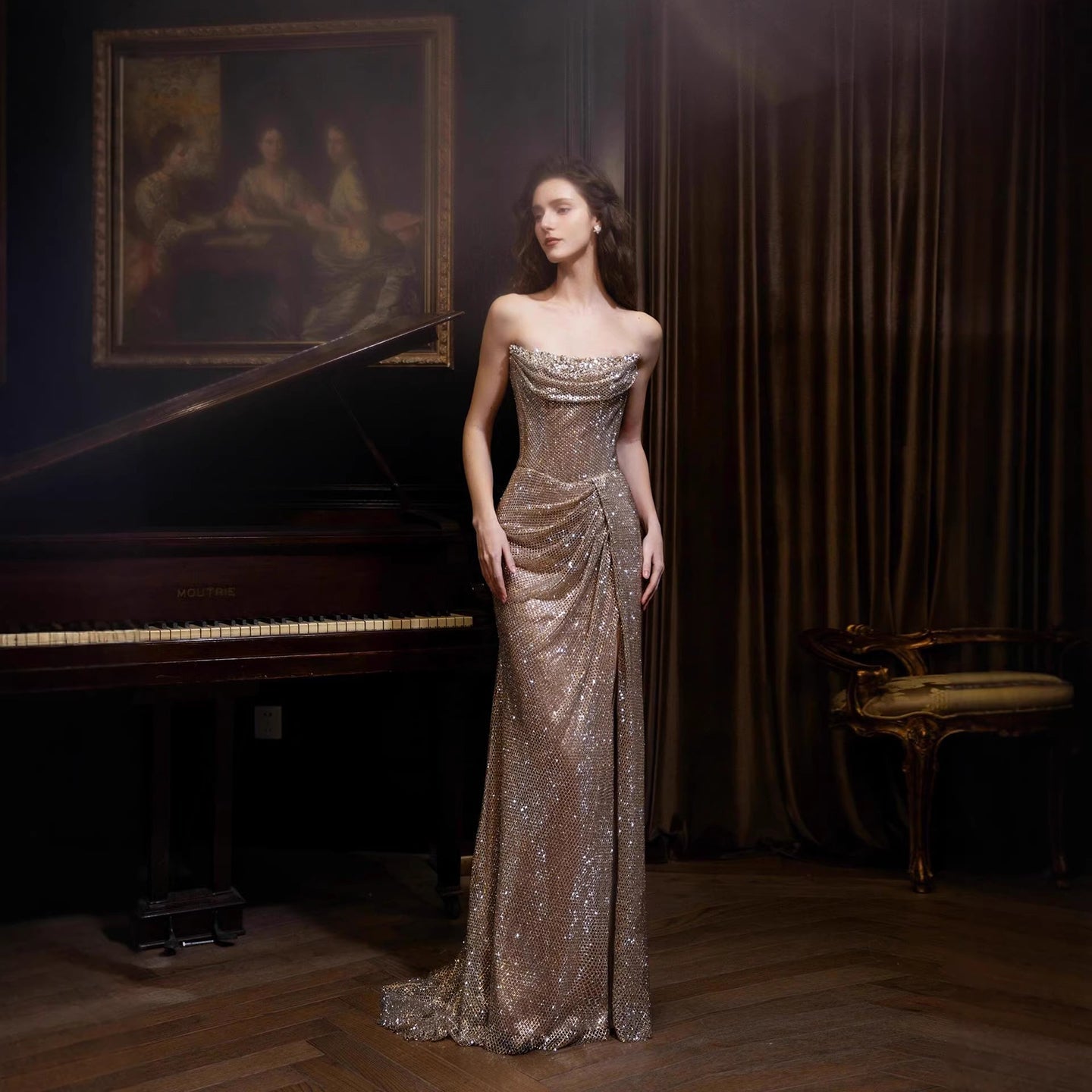 Luxury Gold Strapless Crystal Beaded Mermaid Evening Dress With Cape LA73489