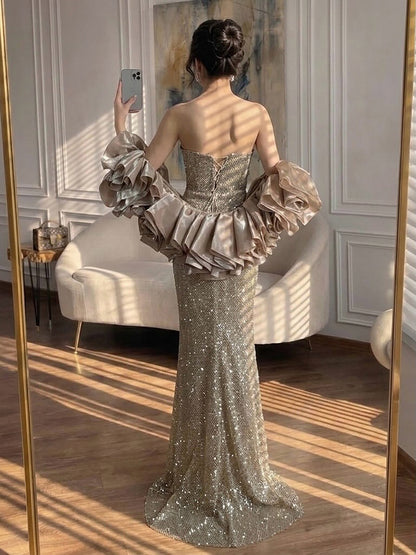 Luxury Gold Strapless Crystal Beaded Mermaid Evening Dress With Cape LA73489